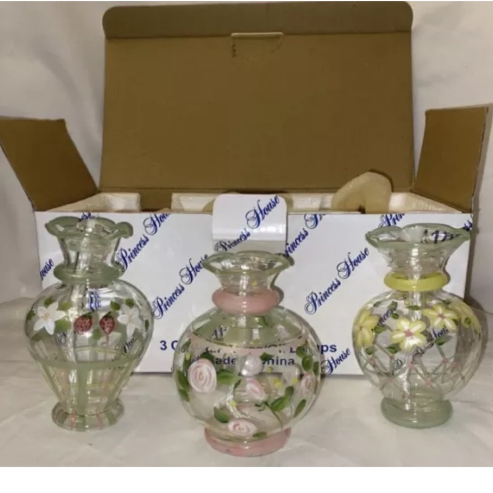 6418 Princess House 3 Crystal Vases / Oil Lamps NIB